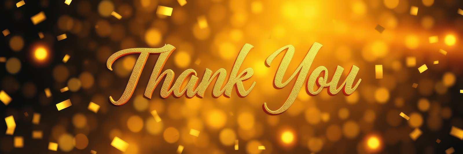 Elegant golden thank you message with sparkling background and festive confetti effect for celebrations or special occasions